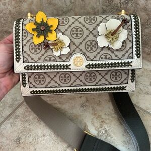 Tory Burch Floral appliqué jacquard T monogram Beige Crossbody Bag
